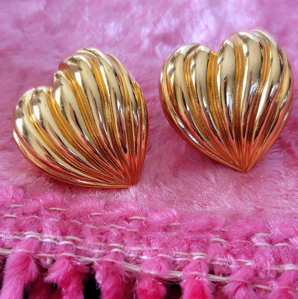 Avon Gold Puffy Heart Earrings, Pierced - Vintage, Estate